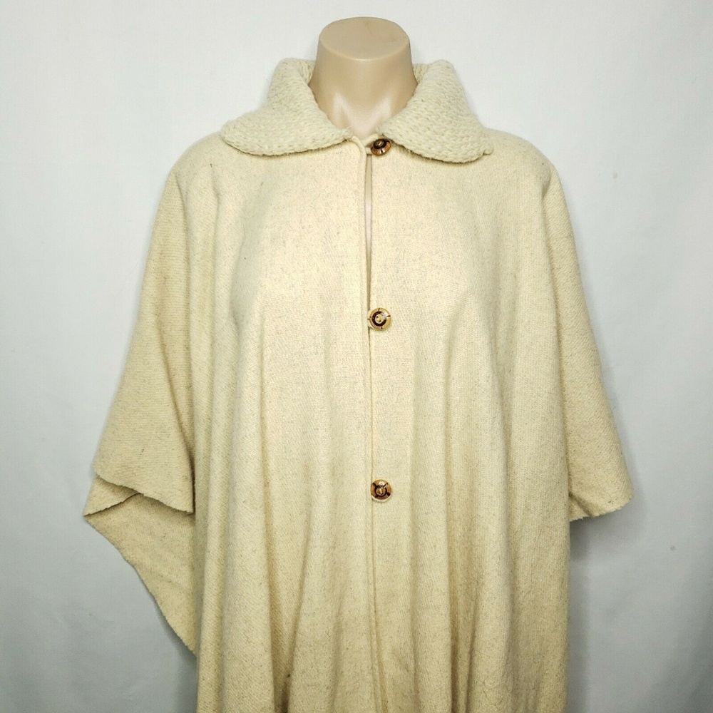 Vintage Beige Oatmeal Wool Blanket Poncho Cape - Picture 3 of 8
